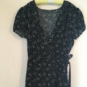 Black Star Print Mini Wrap Dress Ruffle XL